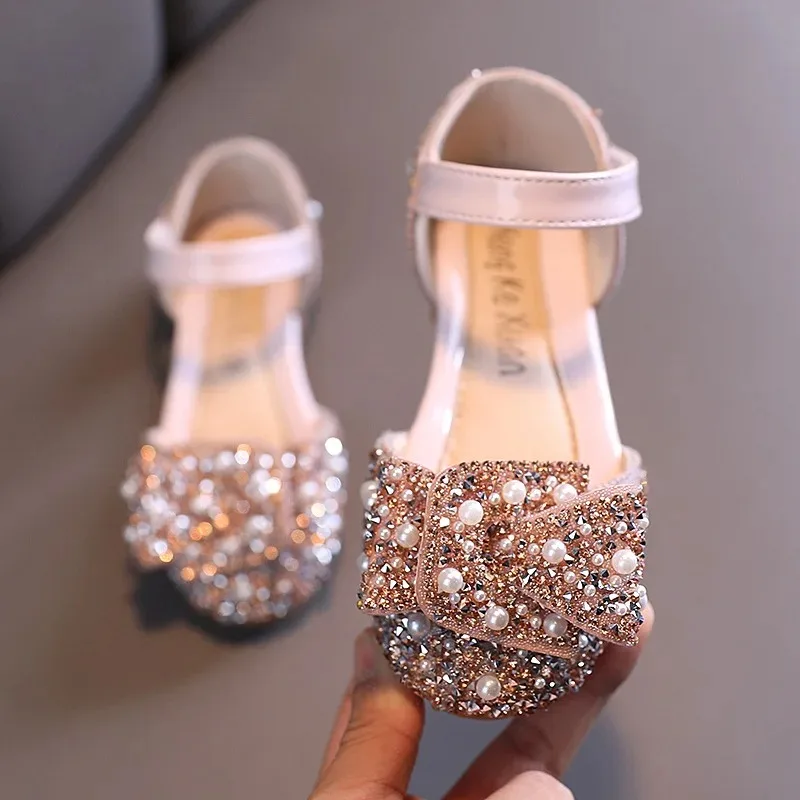 

Children Spring Summer Korean Version Dance Shoes Girls Pearls Show Shoes Rhinestones Girls Princess Bows Sequins Leather Shoes