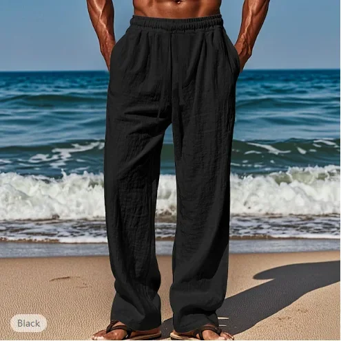 Pantaloni estivi da uomo da spiaggia, vestibilità ampia, solidi, casual, traspiranti, con coulisse, lunghezza intera, tasche a vita media dritte, pantaloni impiombati