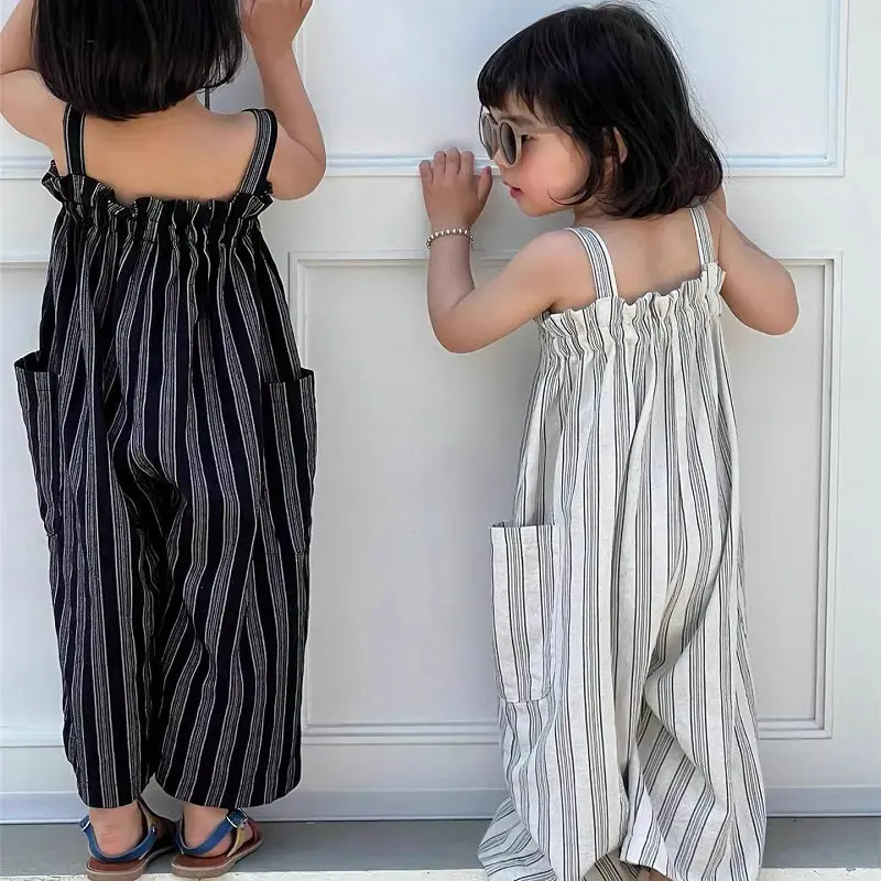 Girls\' Pants With Vertical Stripes And Double Pockets New Fashion Casual Shoulder Pants For Summer Loose Baby Kids Jumpsuit