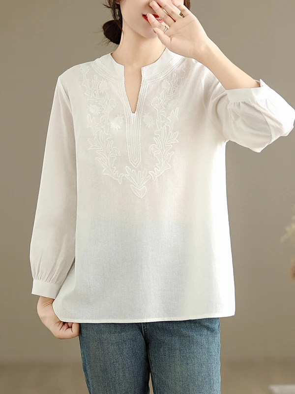 

Loose Fit Lightweight Embroidered Linen Overhead irt plus Size Women's Long Sve V Ne Casual Versatile Sun Protection Top