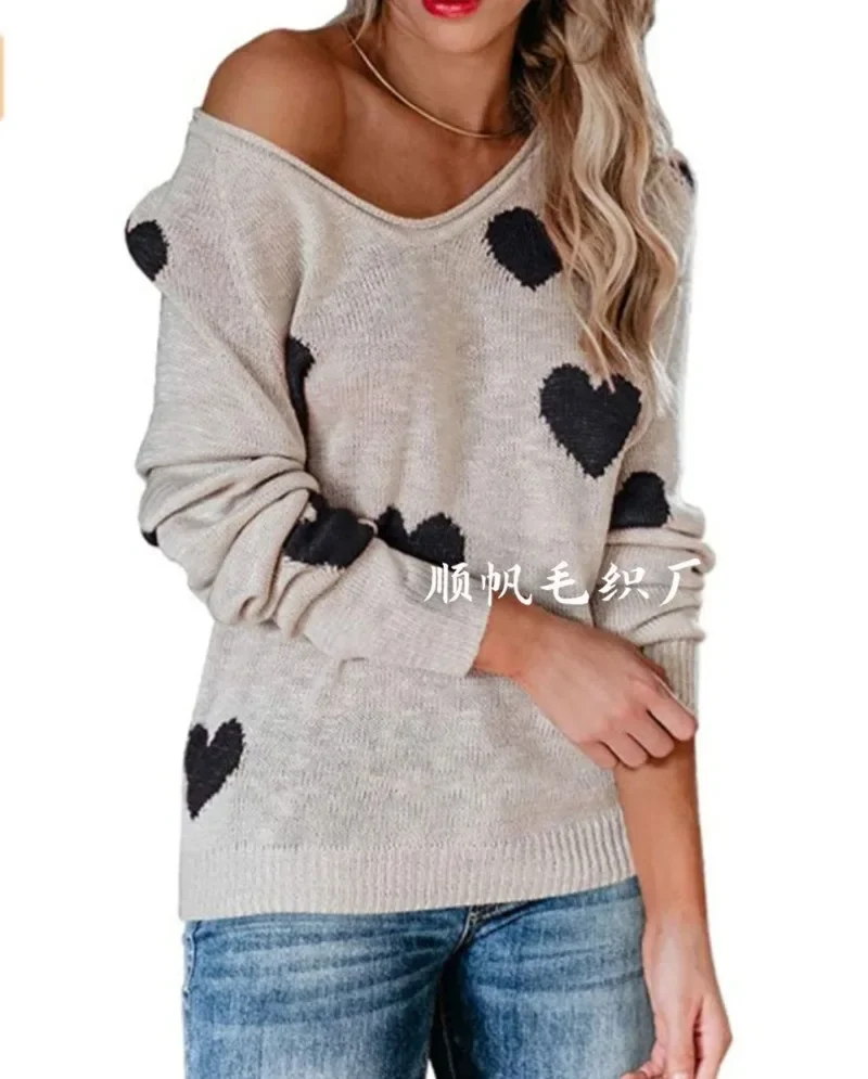 2024 New Loose Top Love Valentine's Day V-neck Knitwear European and American Pullover Sweater for Women SFC6-3