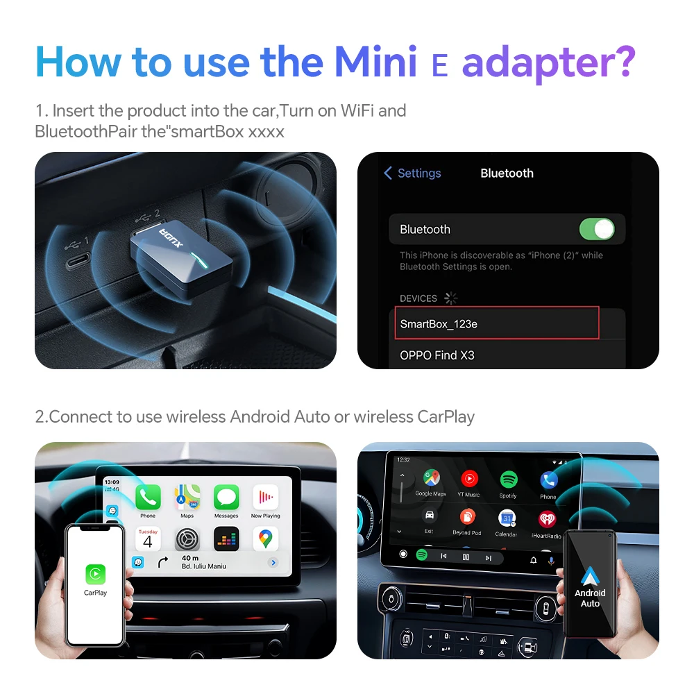 XUDA 2025 Mini Wired to Wireless 2 in 1 AI Box Carplay 5G Wif & Bluetooth 5 Android Auto Plug and Play Non-inductive Connection