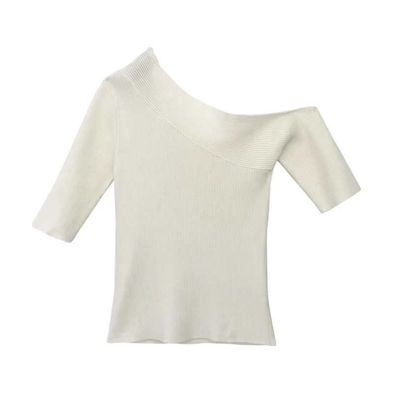

High End Diagonal Shoulder Mid Sleeve Knitted Base Shirt For Women 2025 New Top