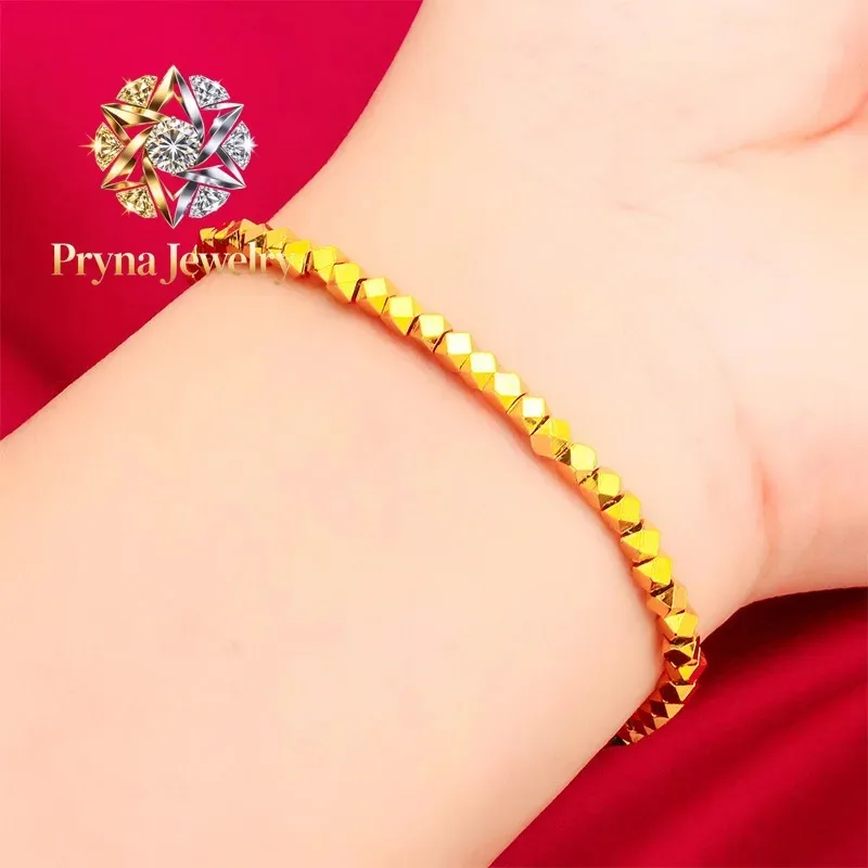 Pryna Jewelry - Brazalete de Oro Roto para Mujer, Oro de 24K, AU999 |   Cuentas de oro pulido sobre una cadena delicada, radiantes para la elegancia diaria.