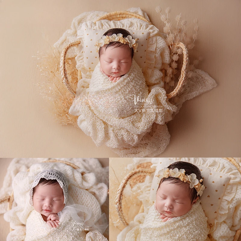 Newborn Photography Props Nordic Vintage Rattan Basket Headband White Knitted Wrap Blanket Possing Pillow Floral Accessories Set