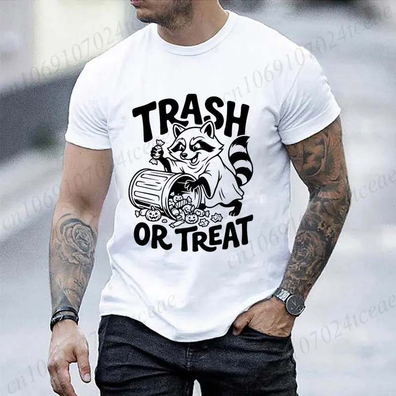Men Trash or Treat T‑Shirt Funny Raccoon Halloween Candy Pumpkin Graphic Print Short SleeveTee Casual Holiday Party Men Tshirt