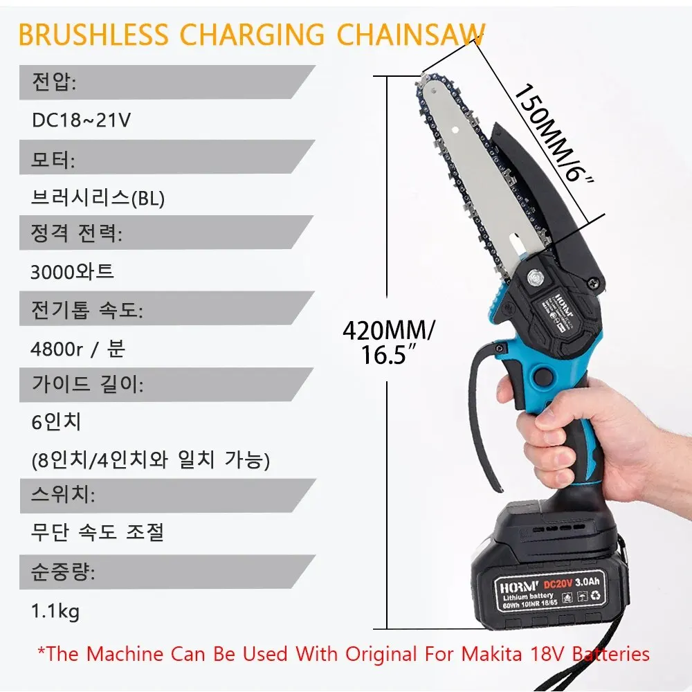 Hormy Brushless 6 Inch Mini Electric Chain Saw Cordless Pruning Chainsaws Garden Wood Cutting Power Tool For Makita 18V Battery