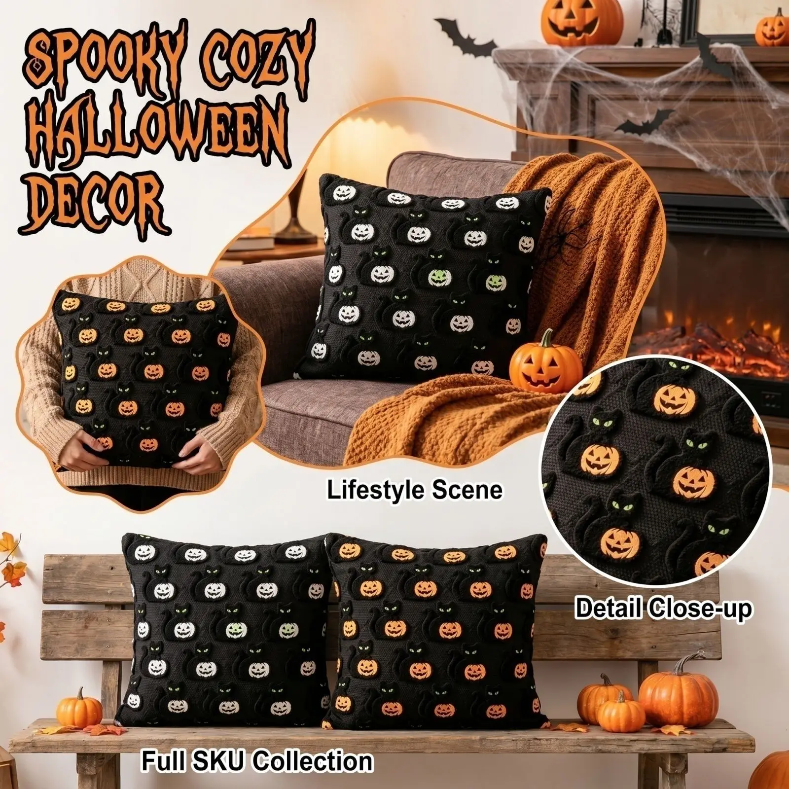 Weird Cats Pumpkin Embroidered Halloween Decor Pillowcase, Halloween Throw Cover, 18*18 Inch, Square Pillow Cover