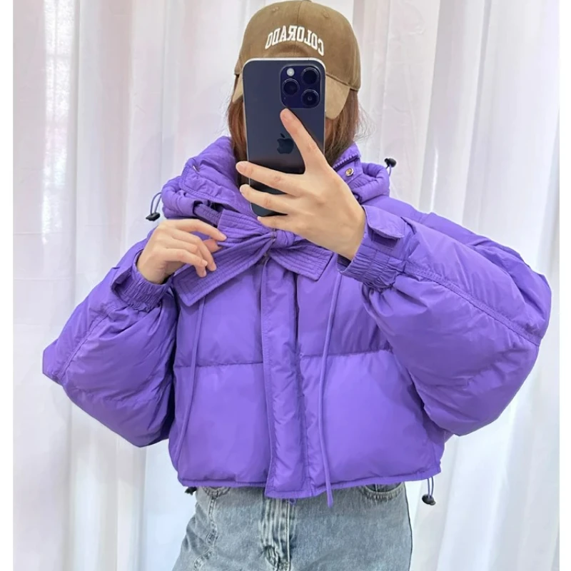 Doudoune courte violette à capuche pour femme, ample, décontractée, manches chauve-souris, duvet de canard blanc, manteaux épais, nouvelle collection hiver 2025