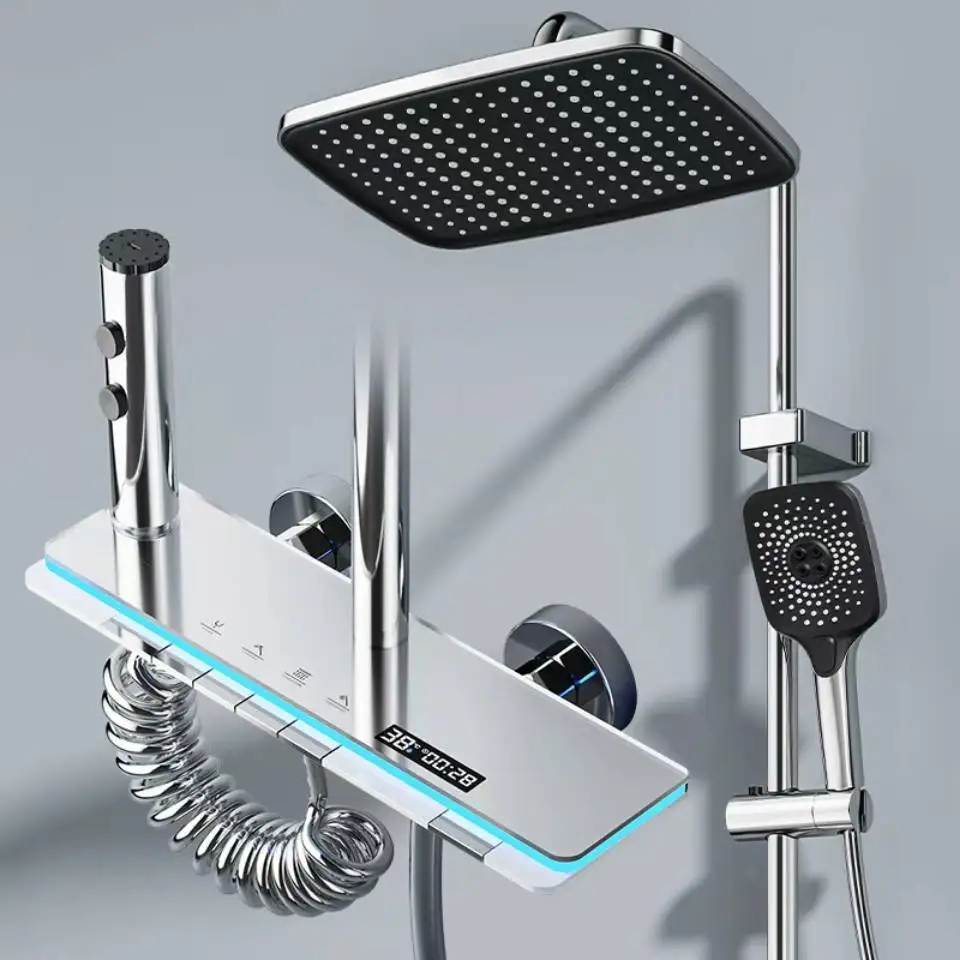 

LED Display Digital Brass Bathroom Shower Faucet 4-Function Rainfall Shower Head Set Soft Rain Jet Spray Polished Chrome