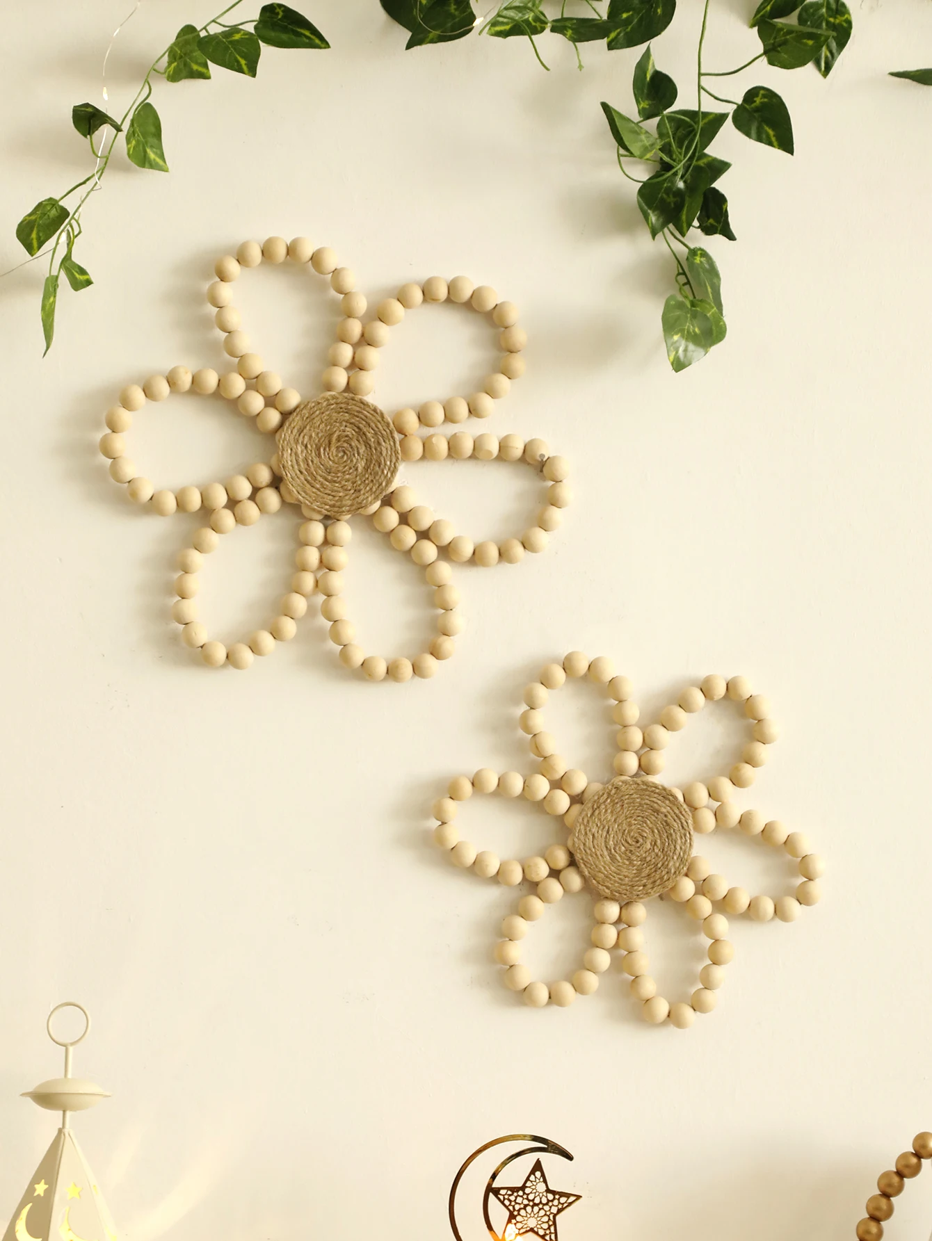 Wooden Beads Flower Hanging Home Decoration Spring Floral Wreath Boho Wall Decor Garland Farmhouse Wreath For Front Door Crafts