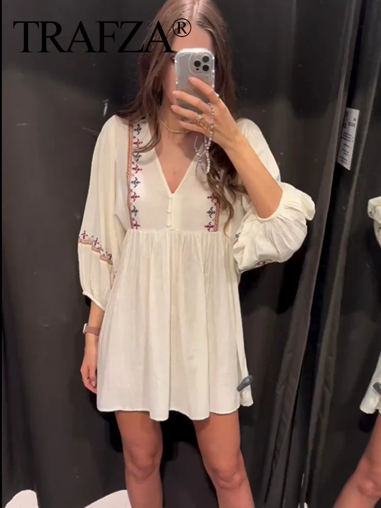 TRAFZA Women's Summer Dress V Neck Long Sleeves Loose Embroidered Short Dresses Vintage Elegant Streetwear Woman Pleated Dress