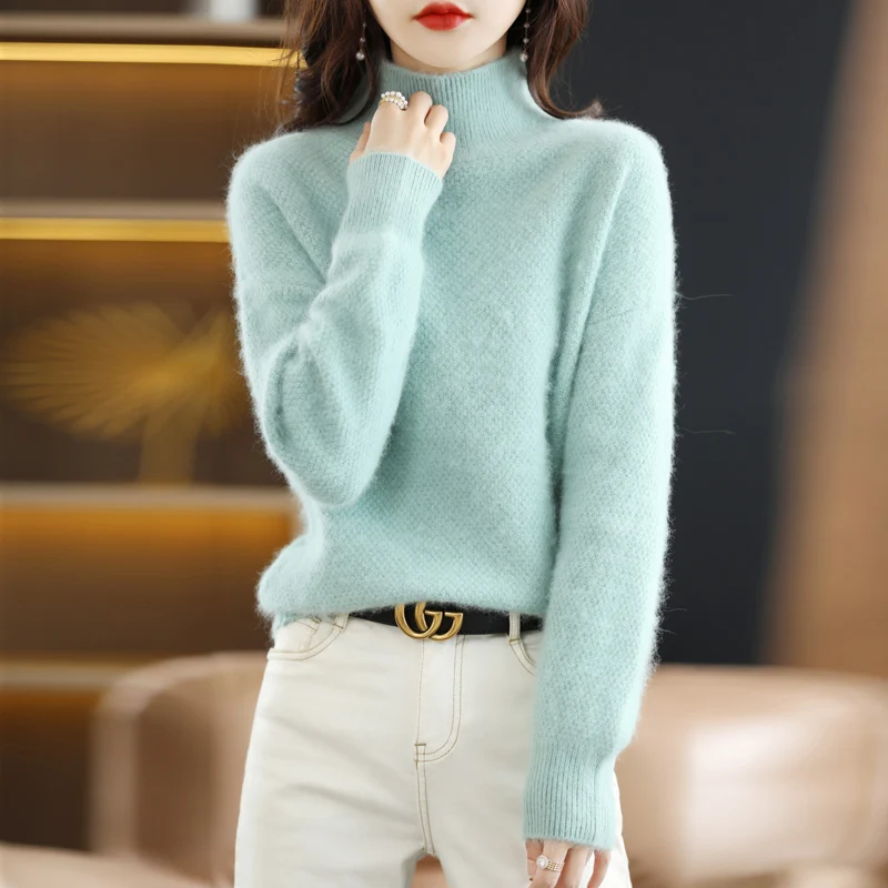 Autumn and Winter 2022 New 100% Mink Cashmere Women\'s Sweater Knitted Long Sleeve Pullover High Neck Soft Fashion Top