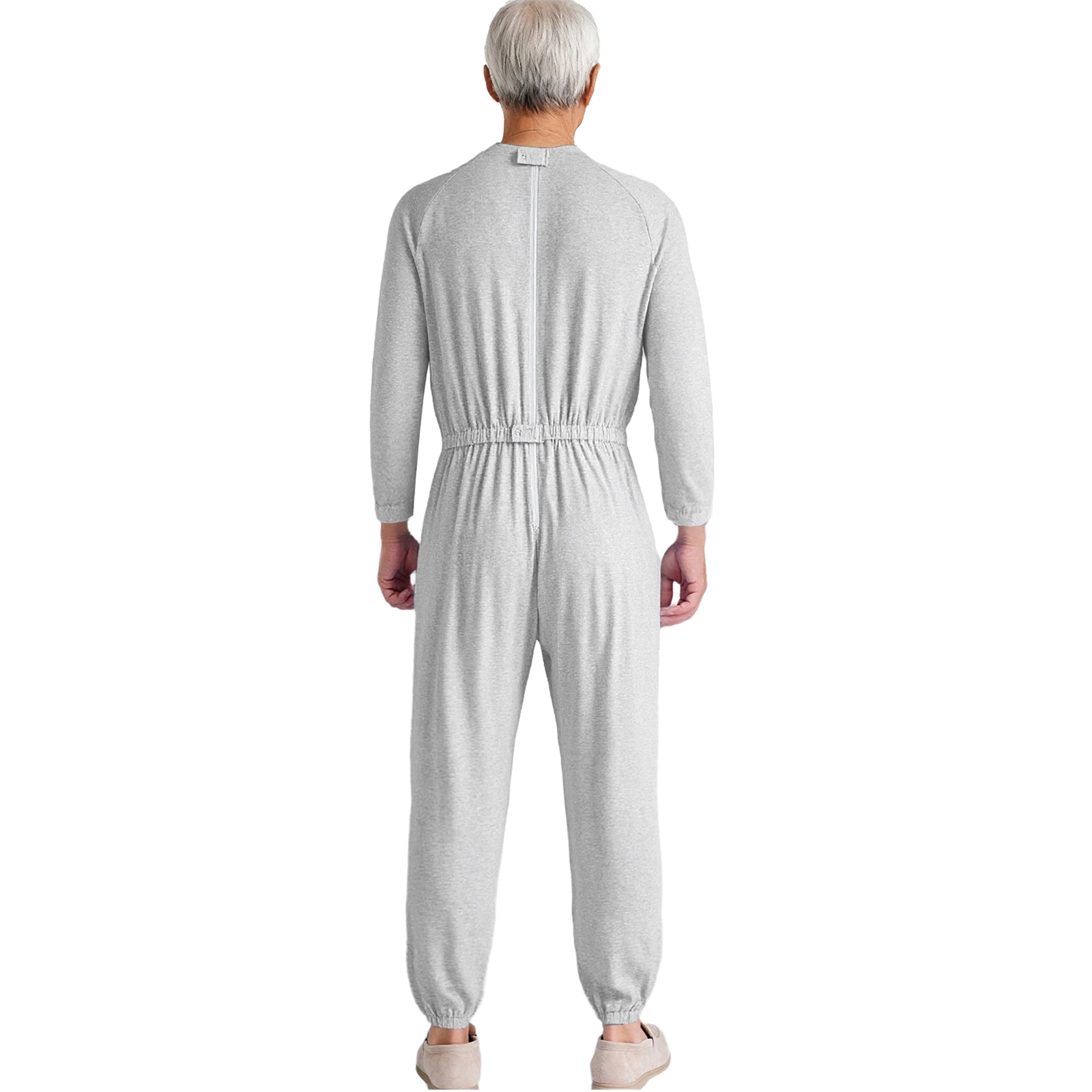 ชุดจั๊มสูทแบบปรับได้สำหรับผู้ชาย พร้อมดีไซน์ป้องกันการหลุดหลังและปลายแขนเสื้อยืดหยุ่น เสื้อผ้าที่ดูดีสำหรับผู้ป่วยอัมพาตสมอง ดูแลผู้สูงอายุ