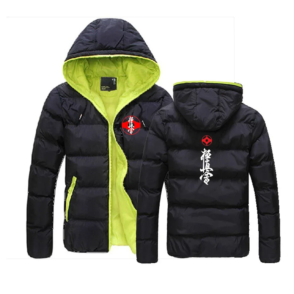 2024 New Kyokushin Karate Printed Men Autumn Winter Color Block Zipper Warm Cotton Coat Casual Hooded Jacket Fashion Outdoor