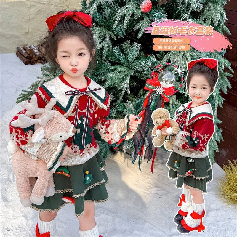 Mädchen Weihnachtspullover Rock Herbst Winter 2026 Neujahr Niedliche Studentin Prinzessin Süßer Strickpullover Rock Festival Geschenk