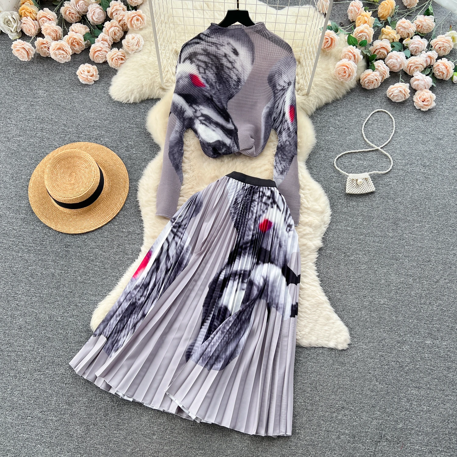 Clothland Women Elegant Print Blouse Skirt Suit Stretchy Long Sleeve Shirt Pleated Skirts Retro Two Piece Set Mujer TA194