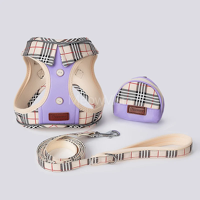 

3pcs British Plaid Dog Harness Set with Poop Bag Dispenser Adjustable Comfortable Reflective Pet Walking Vest for Small Dog Cat