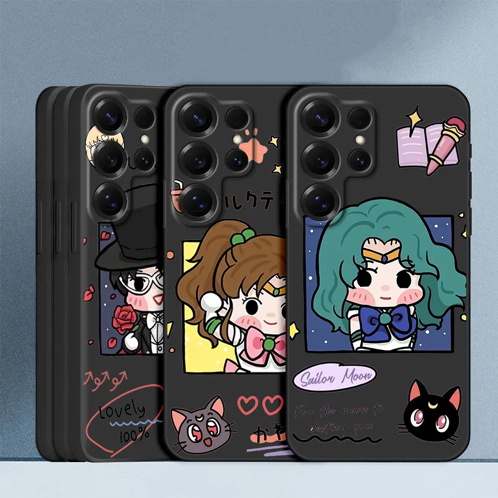 Black Case For Samsung Note 20 Ultra 5G 9 10 Plus TPU Phone Cover M12 J6 Plus J7 J8 2018 M22 M02 Coque Cute Sailors Moon-Gril