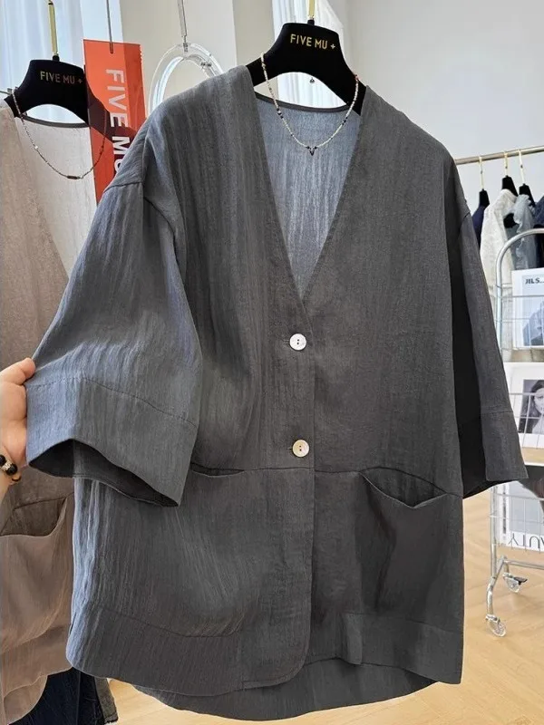 Jaqueta Casual Plus Size Unissex com Decote V, Solta, de Manga Média, Proteção Solar, Tendência Jovem, Bainha Reta, para Verão