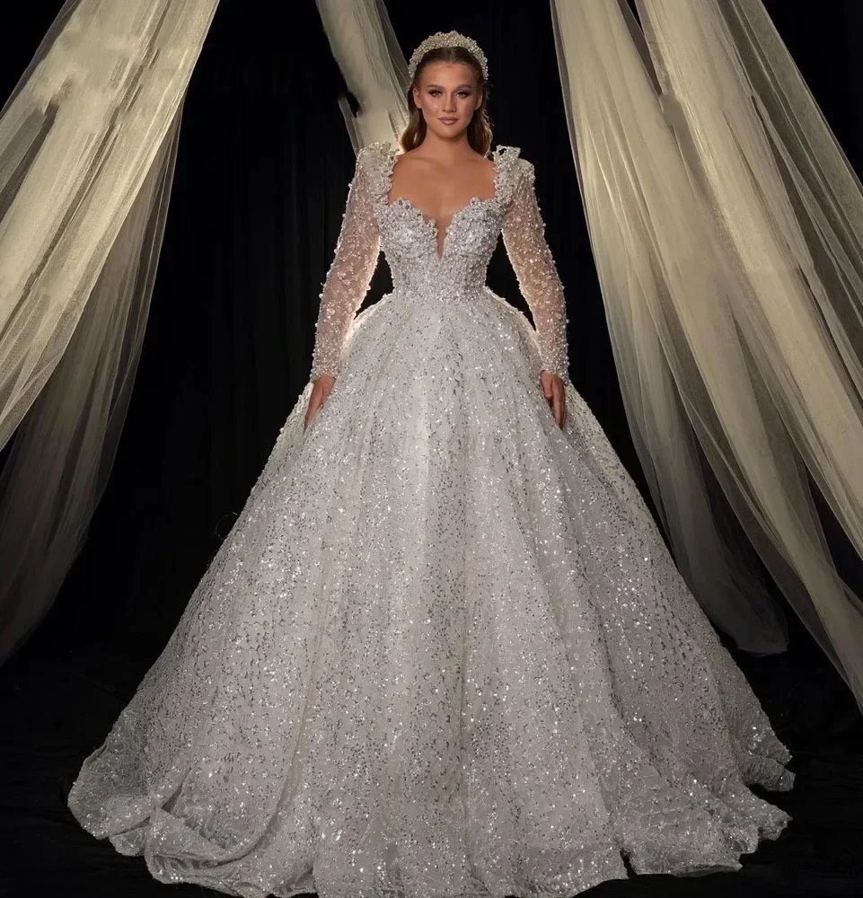 

Flavinke Customized Sweetheart Neck Long Sleeve Wedding Dresses 2025 Pearls Ball Gown Dubai Sparkly Bridal Vestido De Noiva 2025