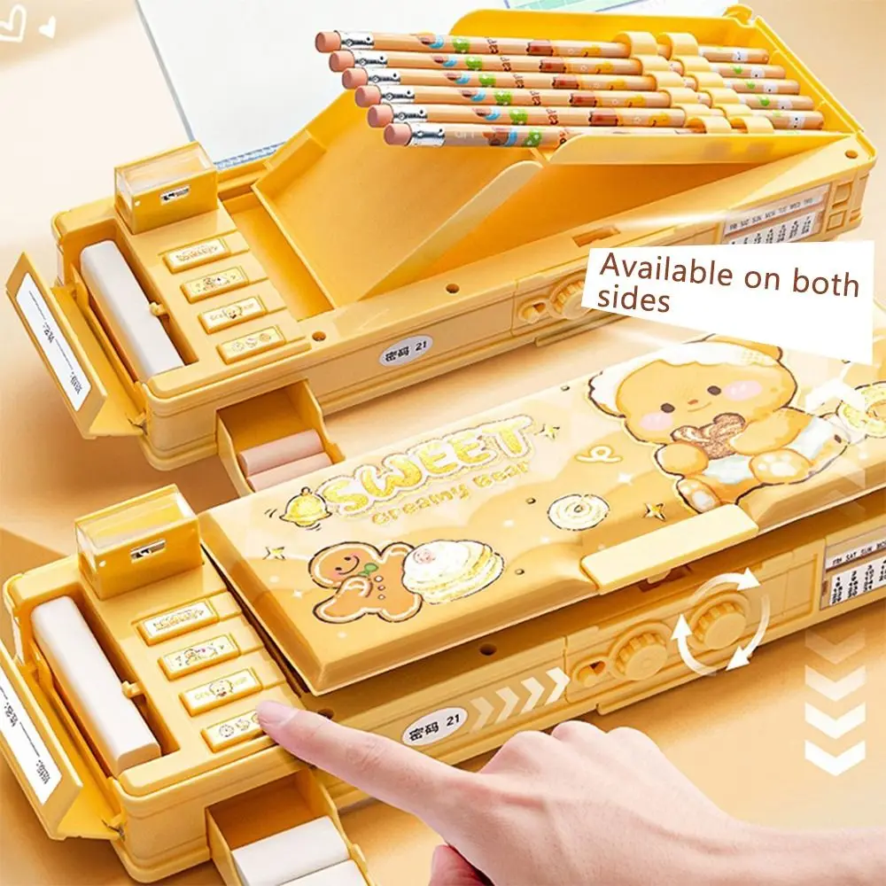 Cartoon Double Layer Pencil Case Large Capacity with Combination Lock Stationery Box Mechanical Pen Box Back To School Gift