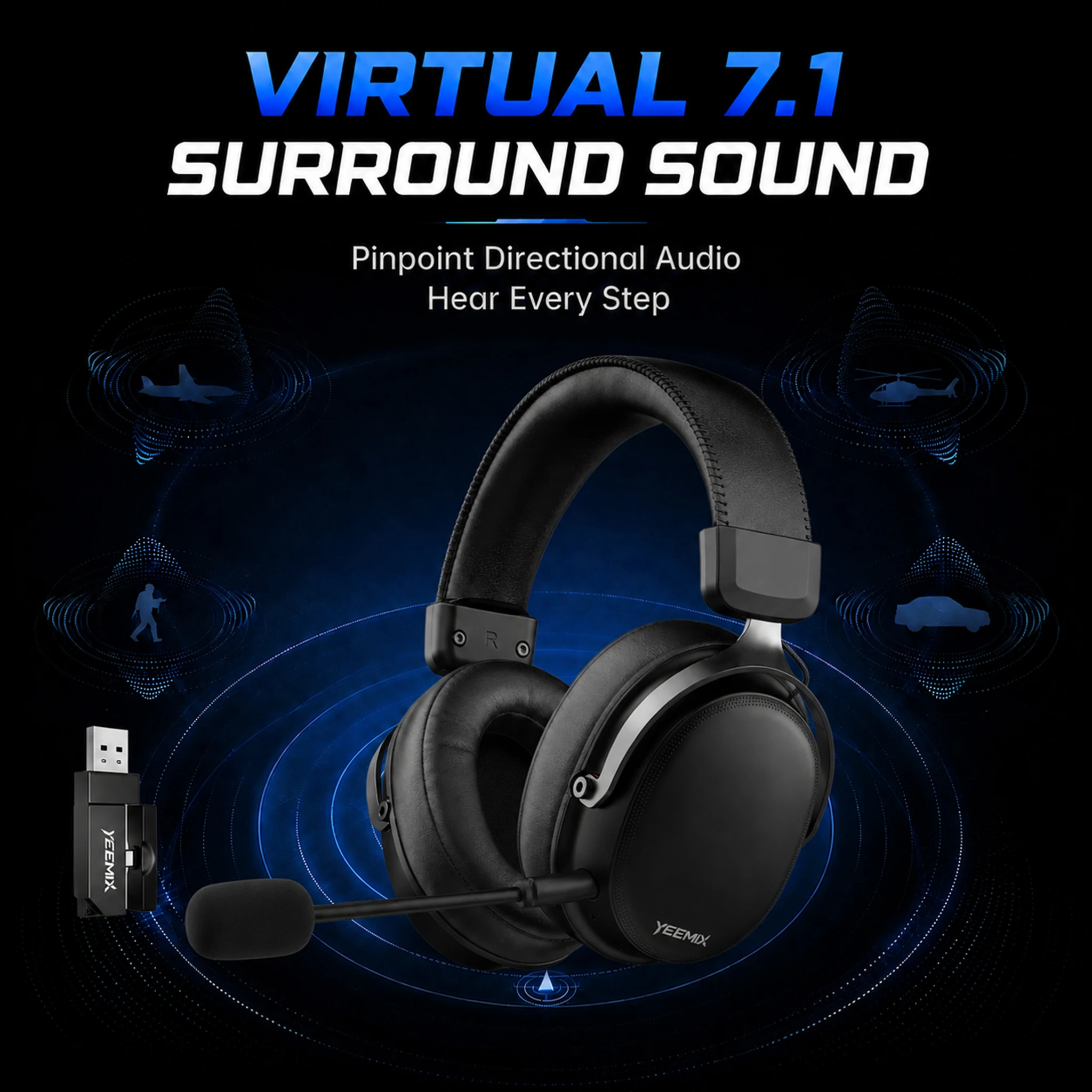 Yeemix I9 Pro Gaming headphones 3 Mode Connectivity 7.1 Surround Sound 50mm Drivers 1100mAh Battery Wireless Headset PS5 SWITCH