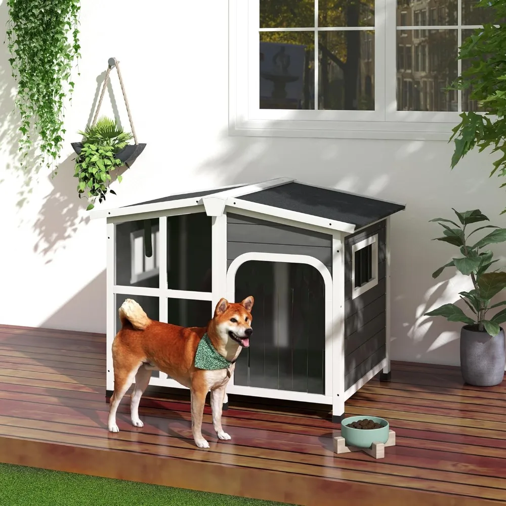 

Outdoor Wooden Dog Kennel with Opening Roof and Jumbo Windows, Asphalt Roof, Indoor Large Dog House Furniture