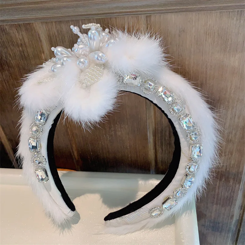 2024 Women Luxury Winter Black Green White Blue Fur Headbands High Quality Padded Hair Band Lady Fashion Hair Hoop Furry Gift