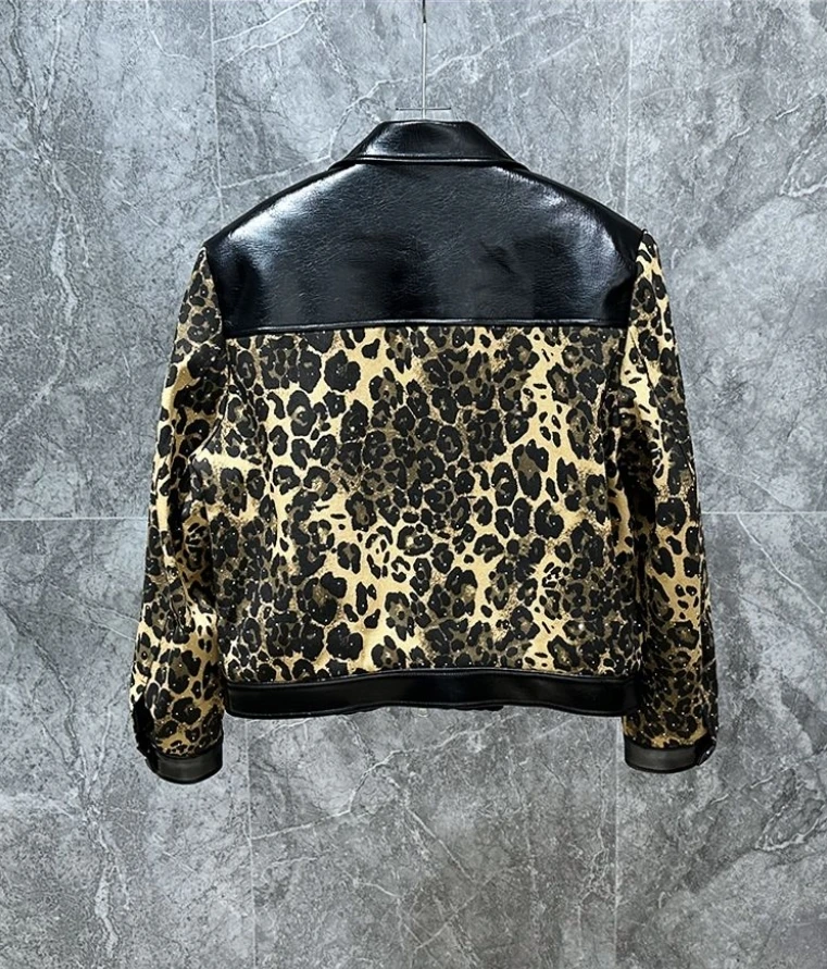 Autumn Winter Fashion Leopard Print Jacket Cool Trendy Rhinestone Patchwork Design Coat Men's New Niche Leather Color-Block Top