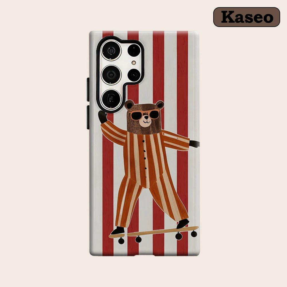 Kaseo Phone Case for Samsung Galaxy S26 S25 Ultra S24 S23 Ultra Plus Shockproof Double Layer Retro Striped Skater Bear Cover