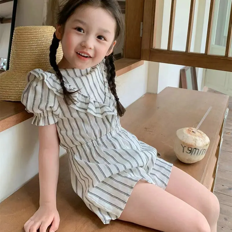 

Girls' Suit Summer New Girls' Striped Short-sleeved Top + Shorts Casual Two-piece Set Girl Clothes