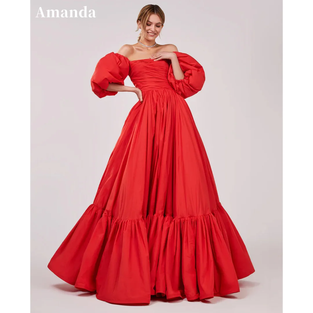 

Amanda Red Taffeta Prom Dresses Sweet Puffy Sleeve A-line Maxi Evening Dress Sexy Strapless Vestidos De Fiesta