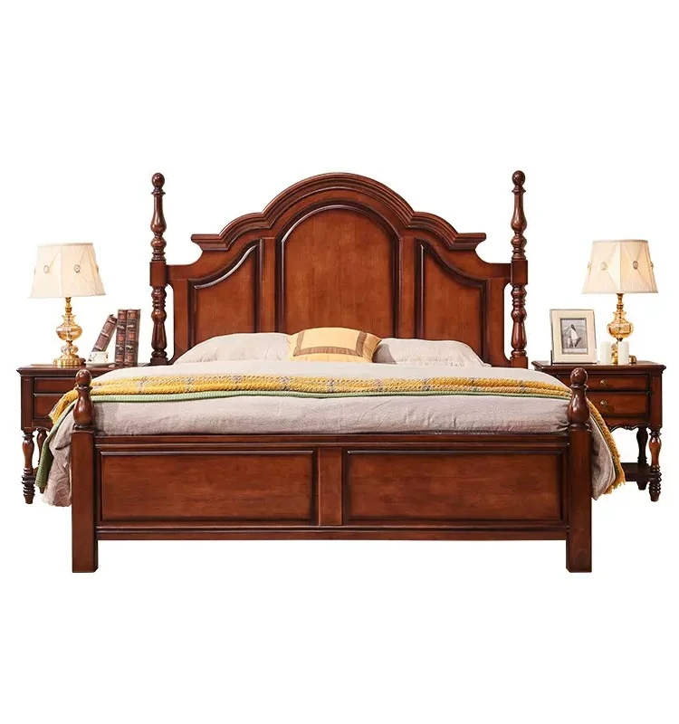 American retro old 1.8m master bedroom double solid bed French single 1.5m Roman column high box oak bed.