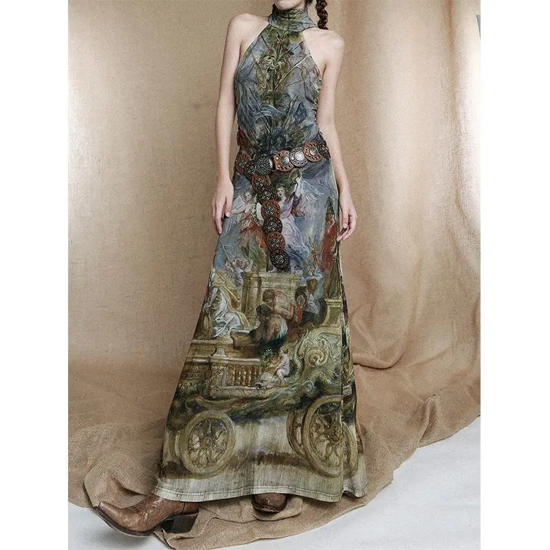 

Sweet Hot Girl Retro Oil Painting Style Dress Women's Spring Cross Wooden Ring Backless High Neck Slim Fit Fashion Long Dress