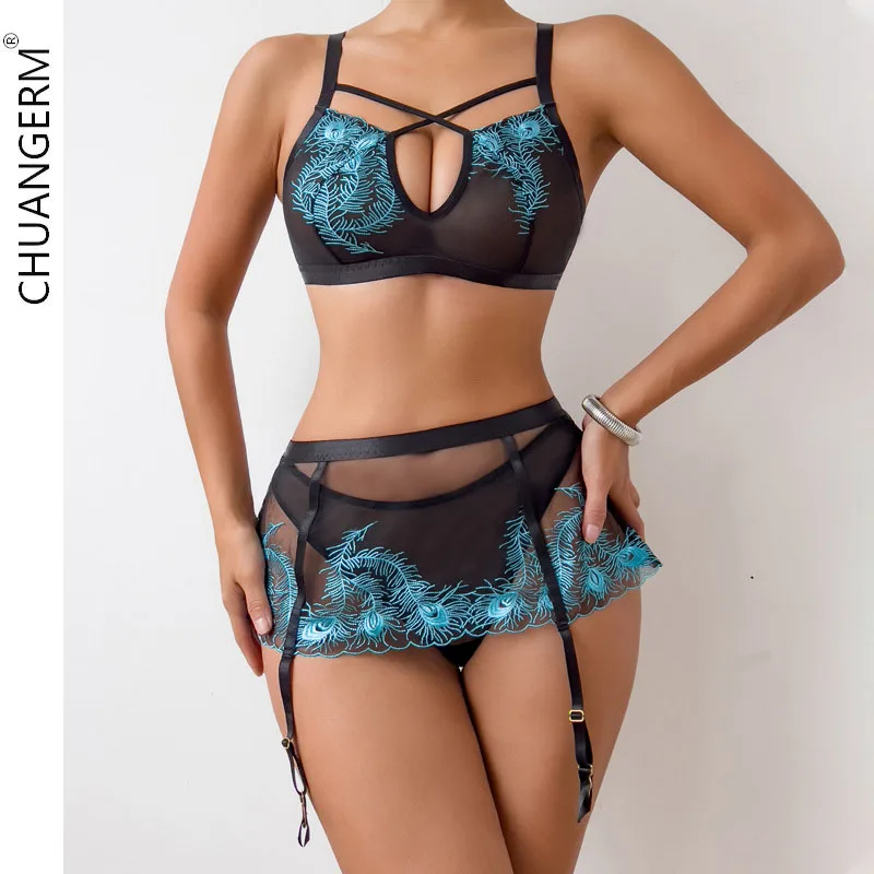 CHUANGERM Womens Sexy Lace Lingerie Sheer fluoroscopy See-through embroidered mesh sexy skeleton complex erotic lingerie