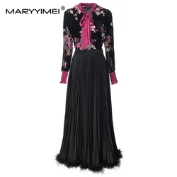 MARYYIMEI Autumn Fashion Velvet Lantern Sleeve Printed Silk Scarf Collar Shirt+Press Pleated Feather Long Half Skirt 2-Piece Set