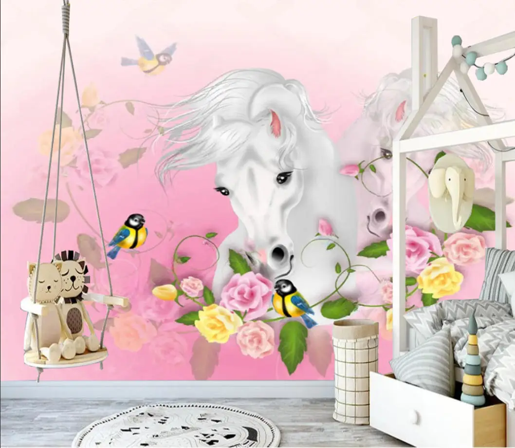 Papel Tapiz 3D Personalizado con Diseño de Animales de Dibujos Animados, Flamencos, Unicornios y Flores para la Habitación de los Niños, Fondo Decorativo para Pared