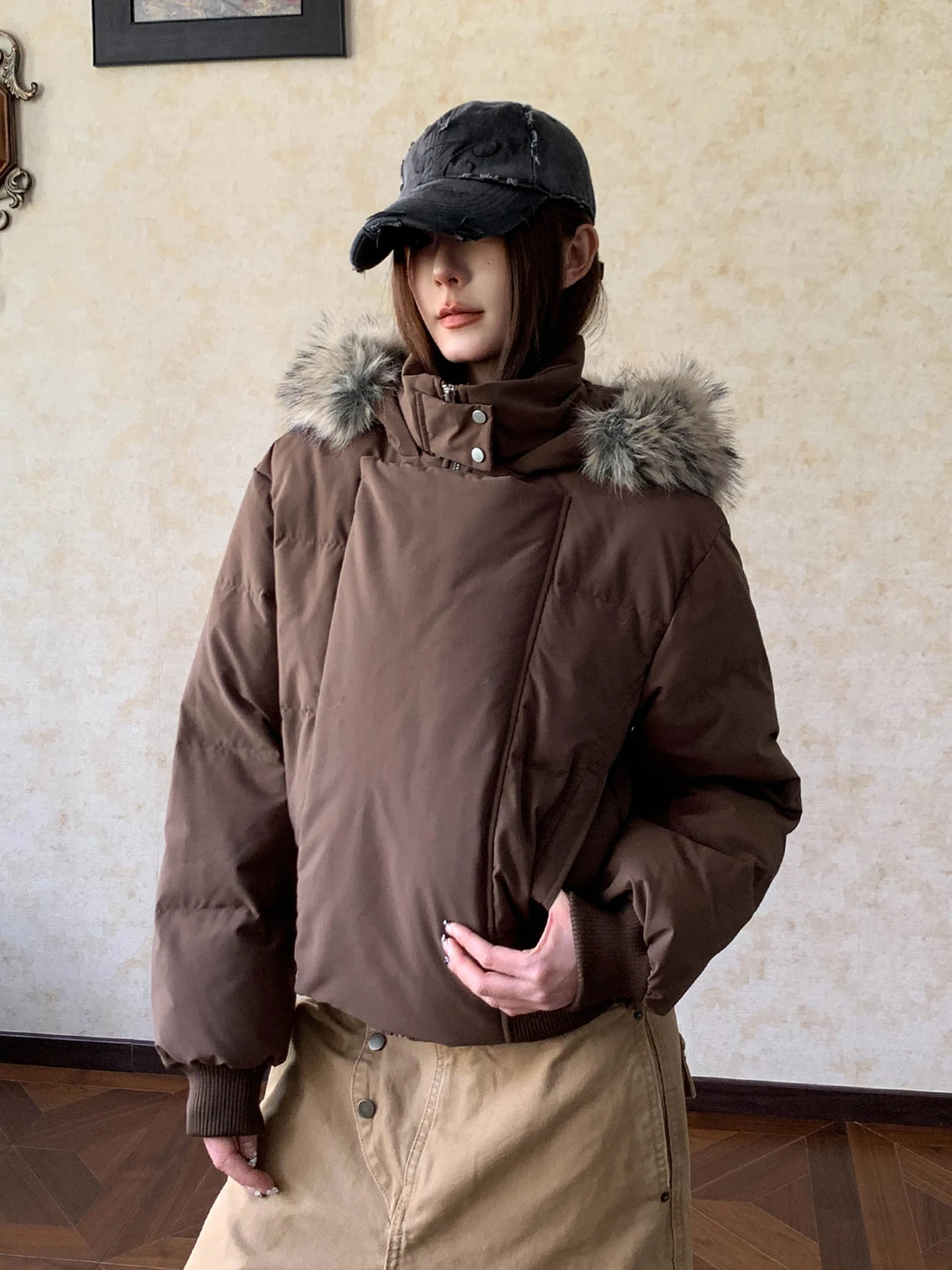 

Женская теплая куртка-пуховик Aket в американском ретро-стиле с отстегивающимся меховым воротником, маленький размер, высокое качество