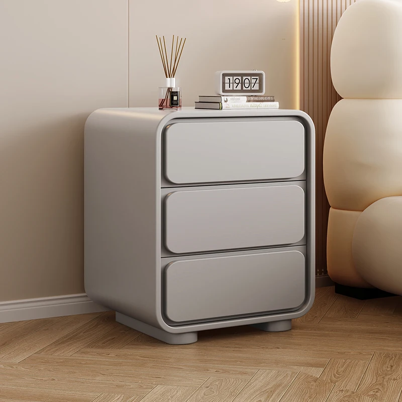 Minimalist Solid Wood Minimalist Modern Leather Bedside Cabinet Home Bedroom Cream Wind Three Layer