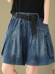 Embroidery Oversized Denim Wide Leg Shorts Women's Summer Loose Jacquard Versatile Elastic Waist Streetwear Knee Length Jeans