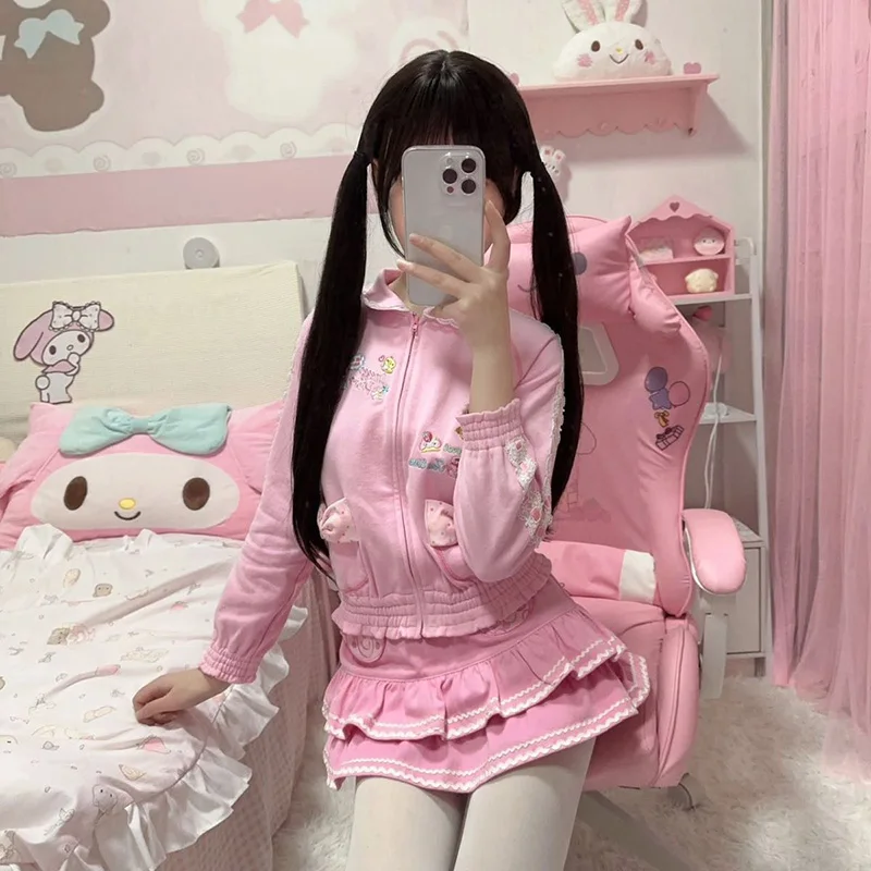 Manteau brodé de dessin animé japonais Kawaii pour femmes, Y2K, esthétique pour filles, doux, ample, vêtements d'extérieur, dentelle, Patchwork, mignon, veste avec nœud de poche