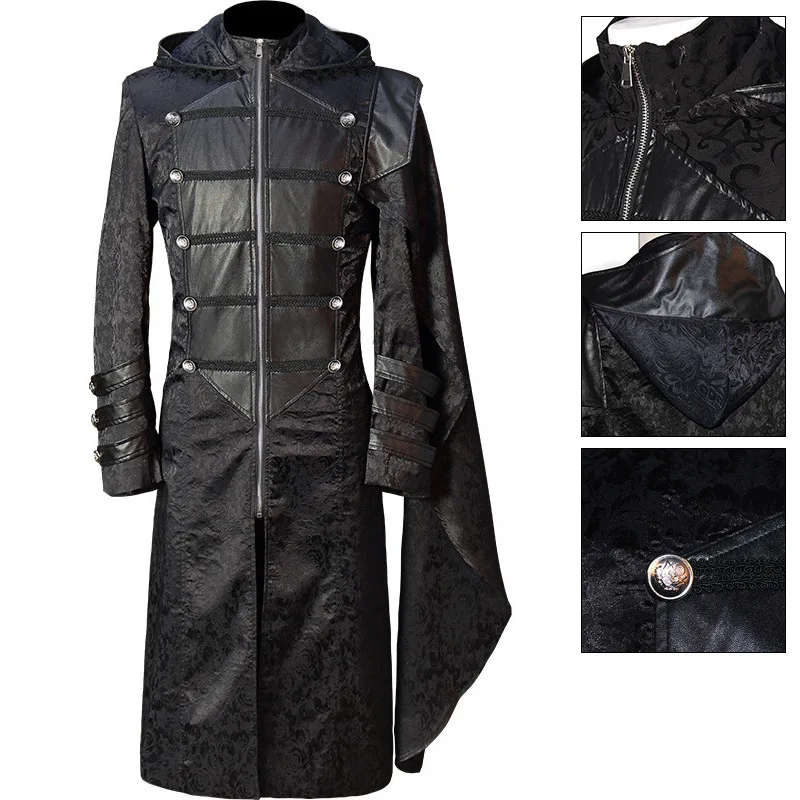

Men Medieval Gothic Long Jacket Punk Military Cloak Cape Coat Hooded Retro Costume Party Zipper Stand Collar Trench Black Cloth