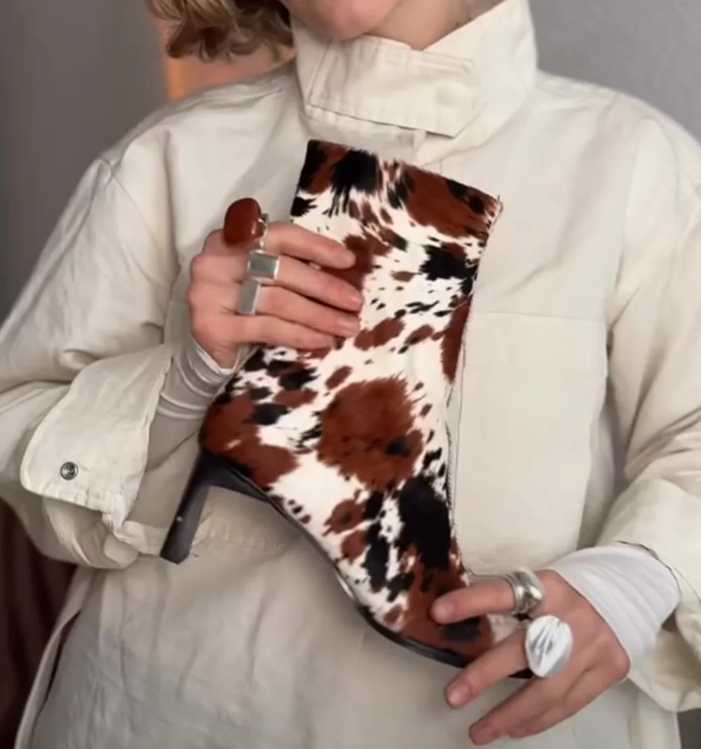 New Fashion Cow Print Square Heel Mid-Calf Boots for Women Brown Black White Spotted Pattern Side Zipper Western Style Boots