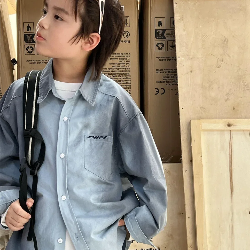 2024 Autumn New Children's Shirt Retro Simple Handmade Spray Dyeing Water Washed Embroidered Boys' and Girls' Stylish Shirt