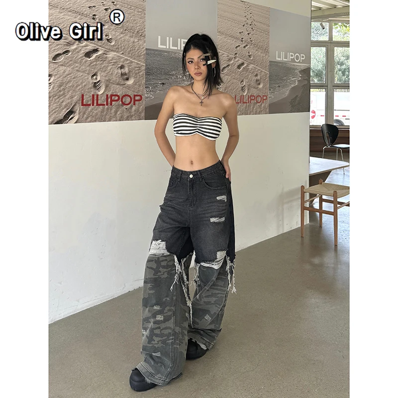 Olivegirl Women's Y2K Baggy 2000s Denim Trouser Men Washed Vintage Casual Ripped Pants Grunge Camouflage Retro High Waist Jeans