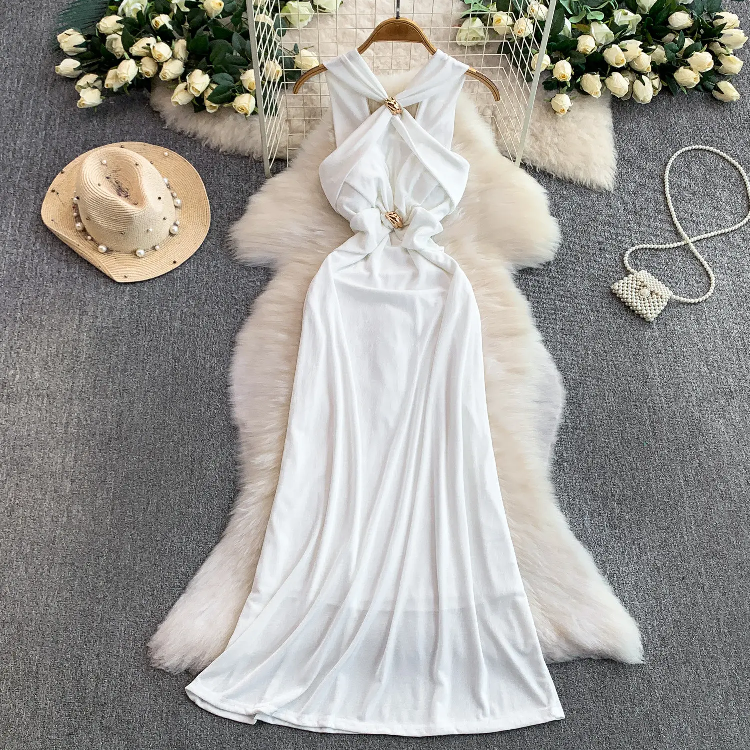 

Элегантное винтажное платье с перекрестными бретелями на плечах, корейская мода, женская одежда, осенне-зимнее платье