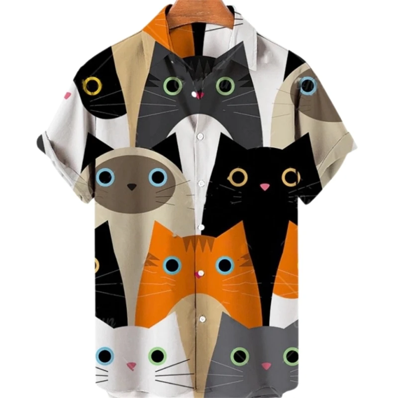 Kawaii Cats Graphic Shirts for Men Clothing 3D Printing Hawaiian Beach Shirts Short Sleeve y2k Tops Vintage Clothes Lapel Blouse