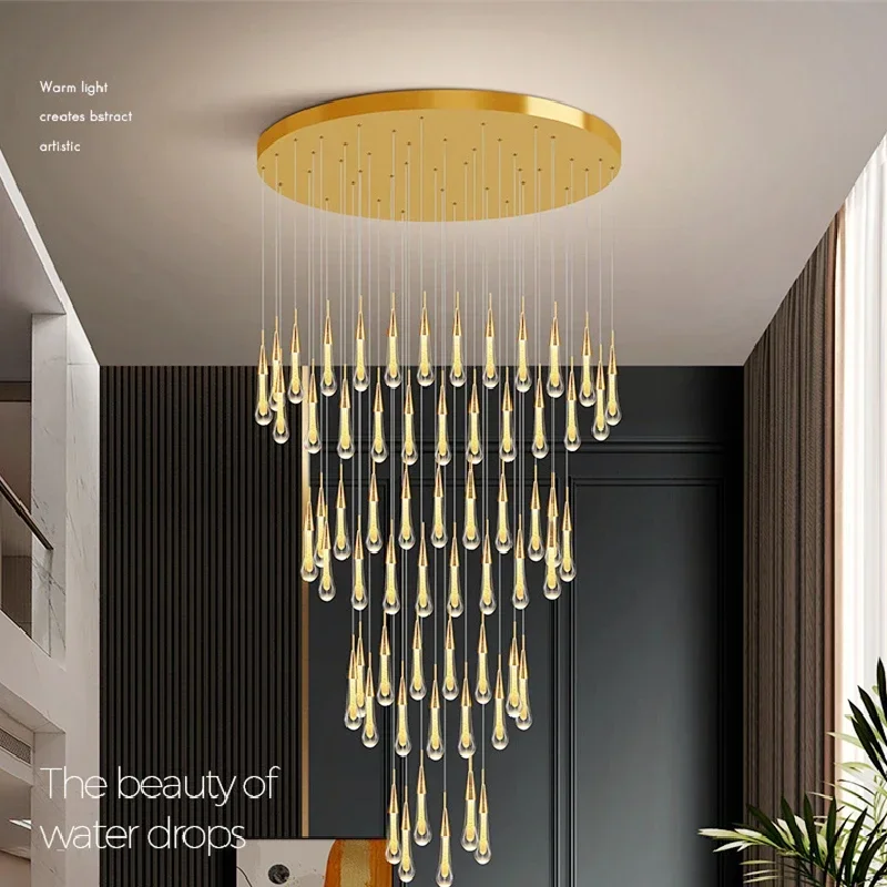 Staircase Crystal Raindrop Pendant Lights Golden Foyer Lighting Entrwey High Ceiling Chandeliers LED Dimmable Fixtures