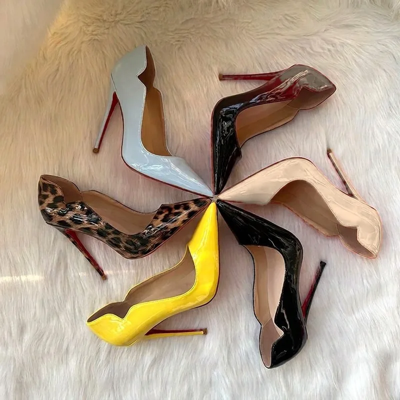 Large Size Fine Heel High Heel Single Shoes Women's Pointed Head Shallow Mouth Patent Leather Wavy Lace V Mouth Women's Shoes